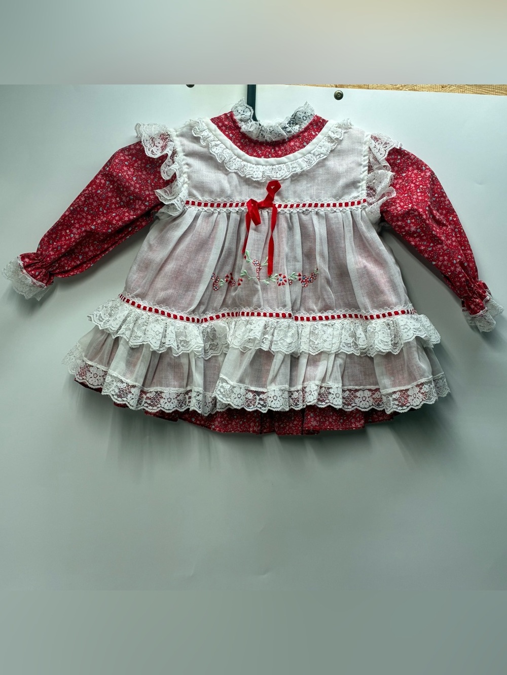 Vintage 90s Cradle Tags 18 Months Floral Lace Pinafore Red White Bow Tulle Xmas